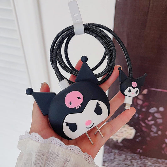 Iphone Charger Cover - Black Skull Kitty (With Wire Protector)