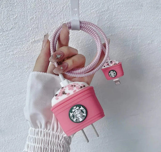 Iphone Charger Cover - Starbucks - Pink (With Wire Protector)