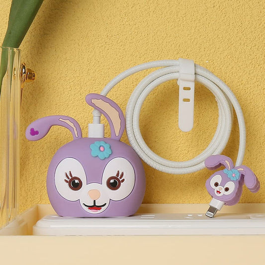 Iphone Charger Cover - Purple Rabbit (With Wire Protector)