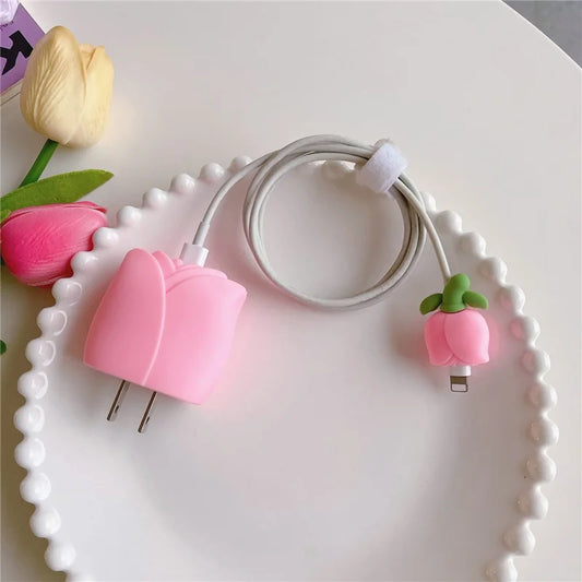 Iphone Charger Cover - Pink Flower (With Wire Protector)