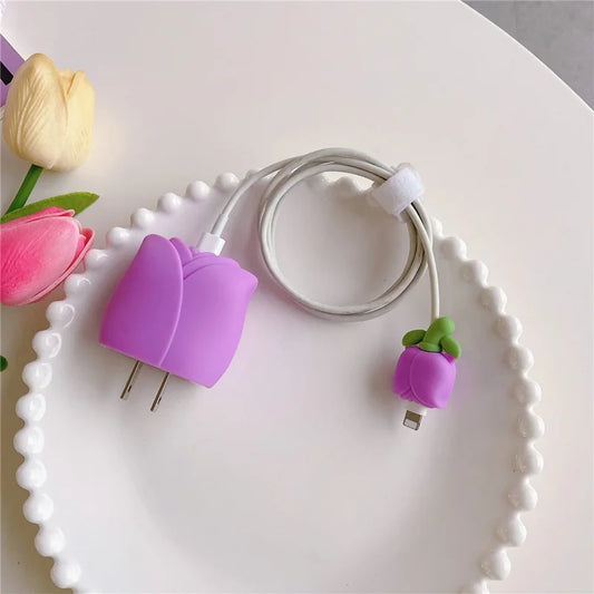 Iphone Charger Cover - Purple Flower (With Wire Protector)