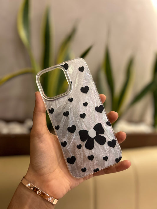 Iphone 16 Plus Cute Black Heart & Ribbon Bow Cover