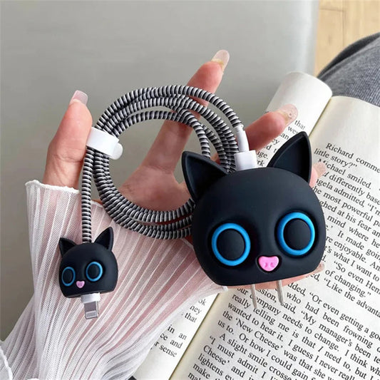Iphone Charger Cover - Black Kitty (With Wire Protector)