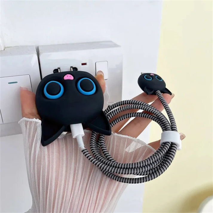 Iphone Charger Cover - Black Kitty (With Wire Protector)