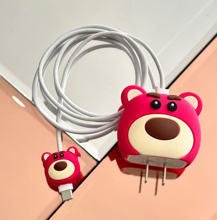 Iphone Charger Cover - Pink Bear Lotso (With Wire Protector)
