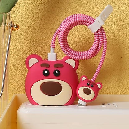 Iphone Charger Cover - Pink Bear Lotso (With Wire Protector)