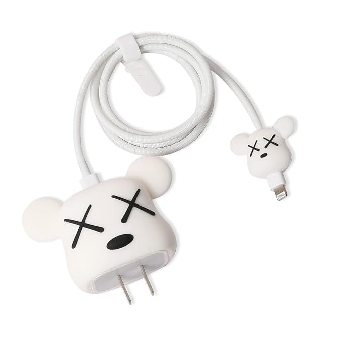Iphone Charger Cover - XOXO White Bear (With Wire Protector)