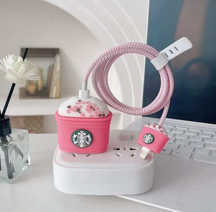 Iphone Charger Cover - Starbucks - Pink (With Wire Protector)