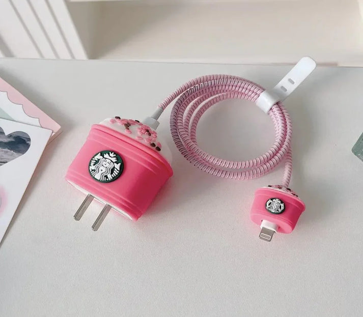 Iphone Charger Cover - Starbucks - Pink (With Wire Protector)