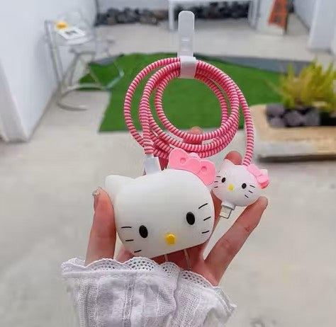 Iphone Charger Cover - White Kitty (With Wire Protector)