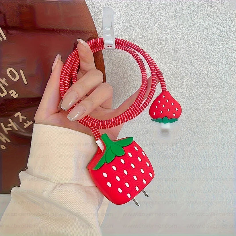 Iphone Charger Cover - Strawberry (With Wire Protector)