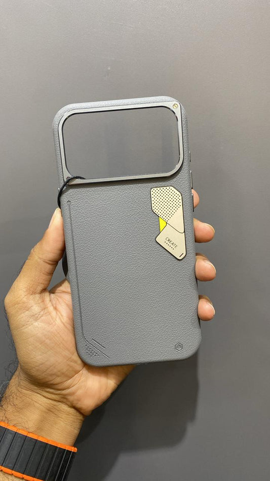 iPhone Metal Design Premium Leather MagSafe Cover (Pastel Grey)