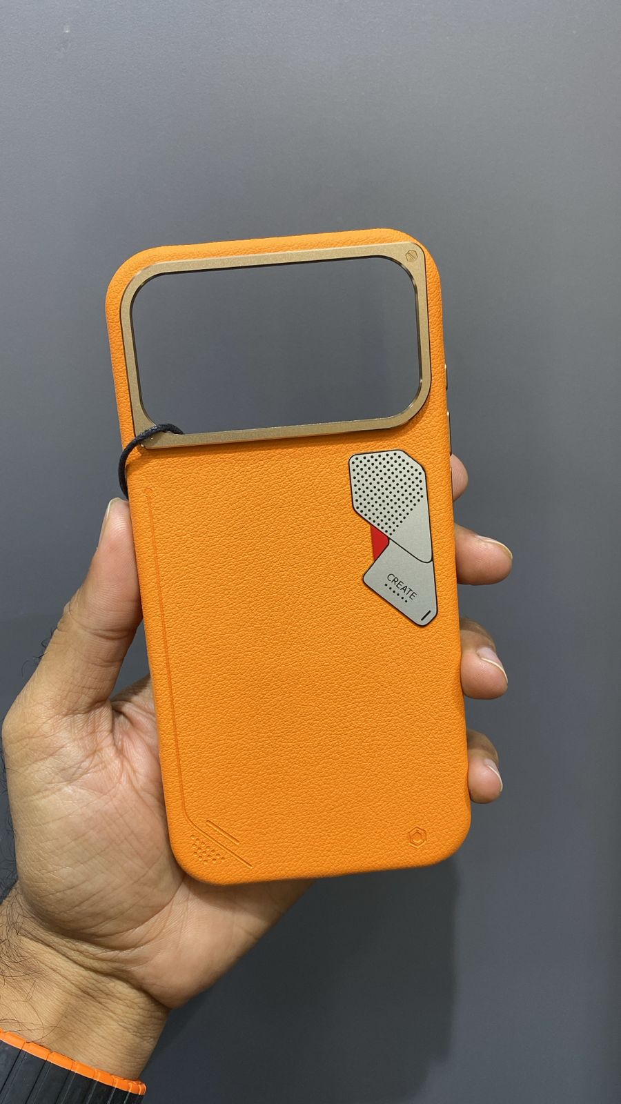 iPhone Metal Design Premium Leather MagSafe Cover (Coral Orange)