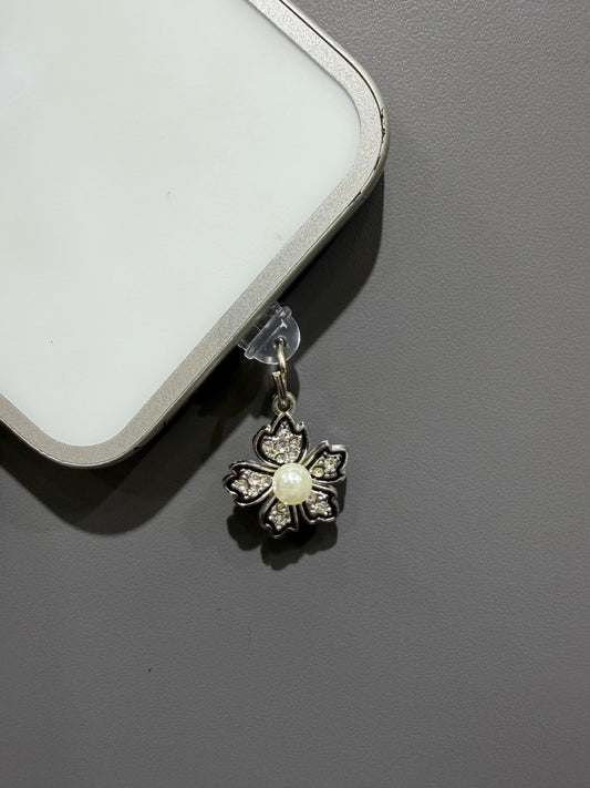Silver Clover Pearl Phone Charm