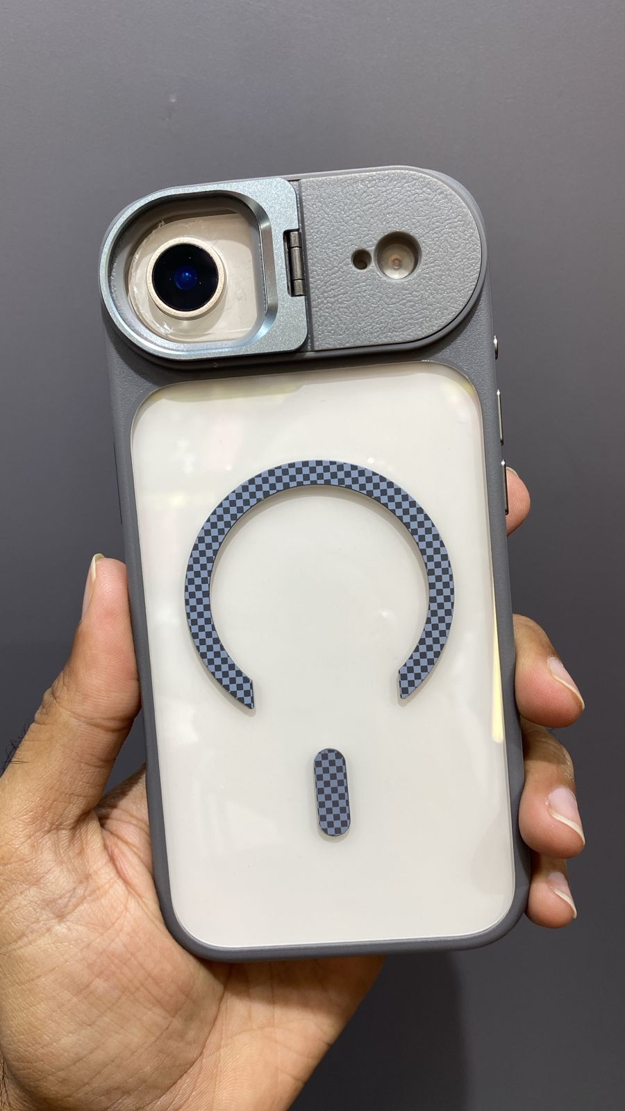 iPhone Premium Metal Camera Ring Stand Magsafe Cover (Grey)