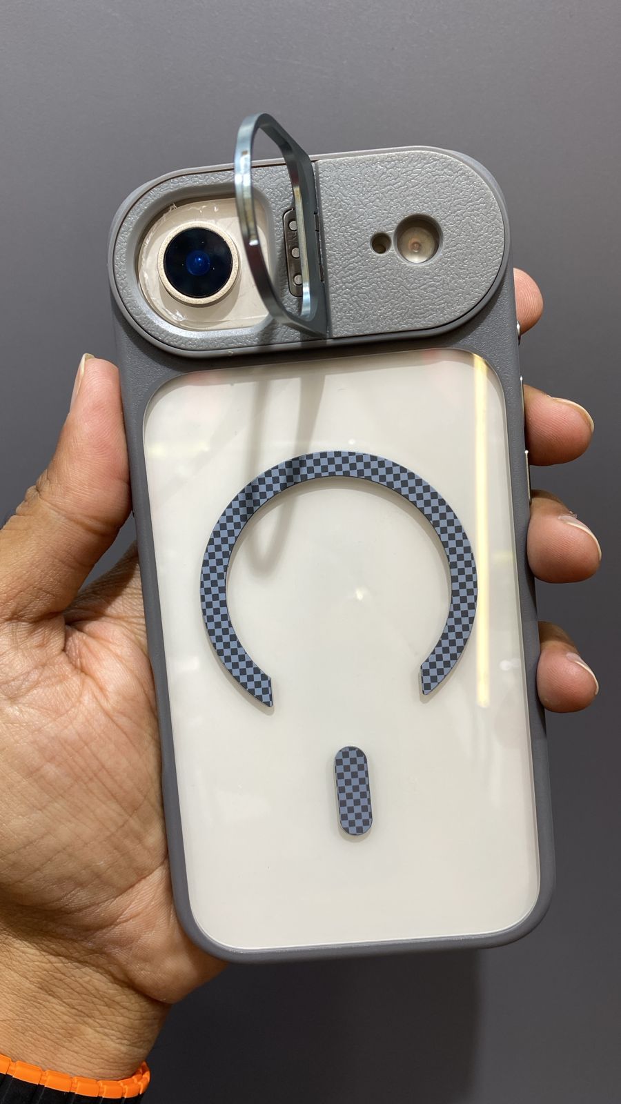 iPhone Premium Metal Camera Ring Stand Magsafe Cover (Grey)